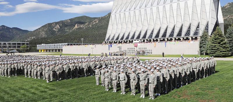 Cadets in formation in front of the U.S. Air Force Academy Chapel in Colorado Springs, Colorado