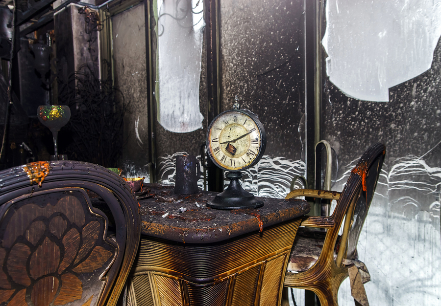 The interiors of a home affected by fire damage