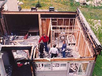 A house with fire and water damage.