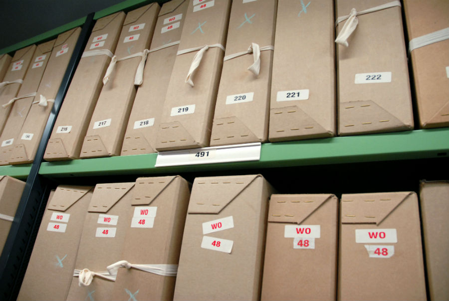 Box of documents being stored for restoration