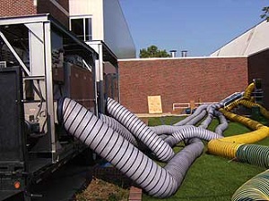 Heavy duty drying equipment outside of a building that had flood water damage.